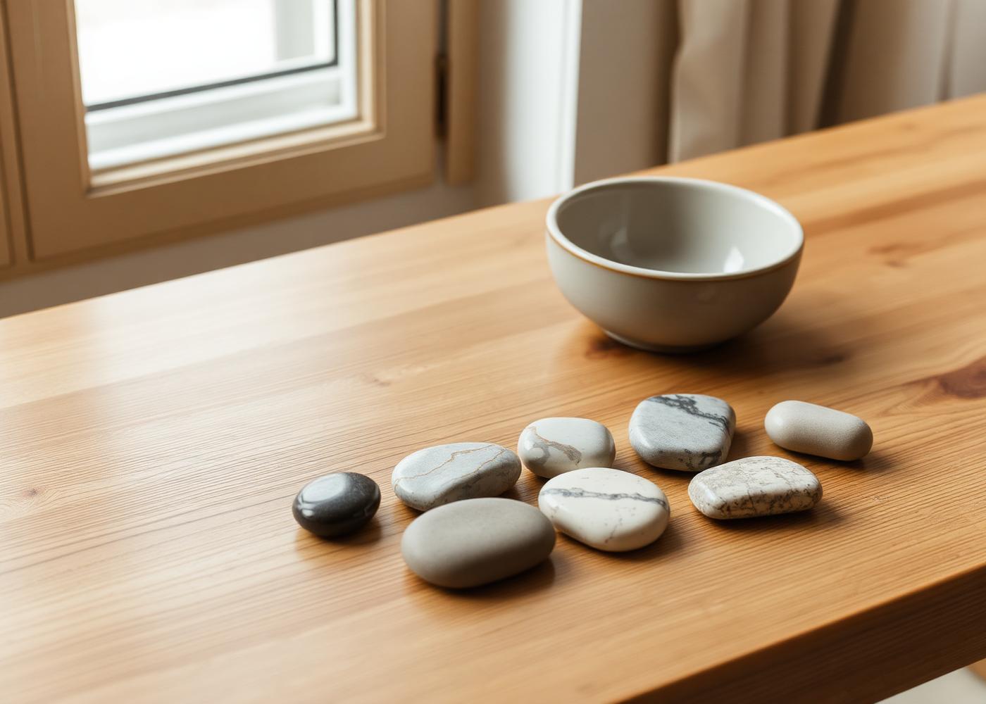 Smooth natural stones on a warm oak table