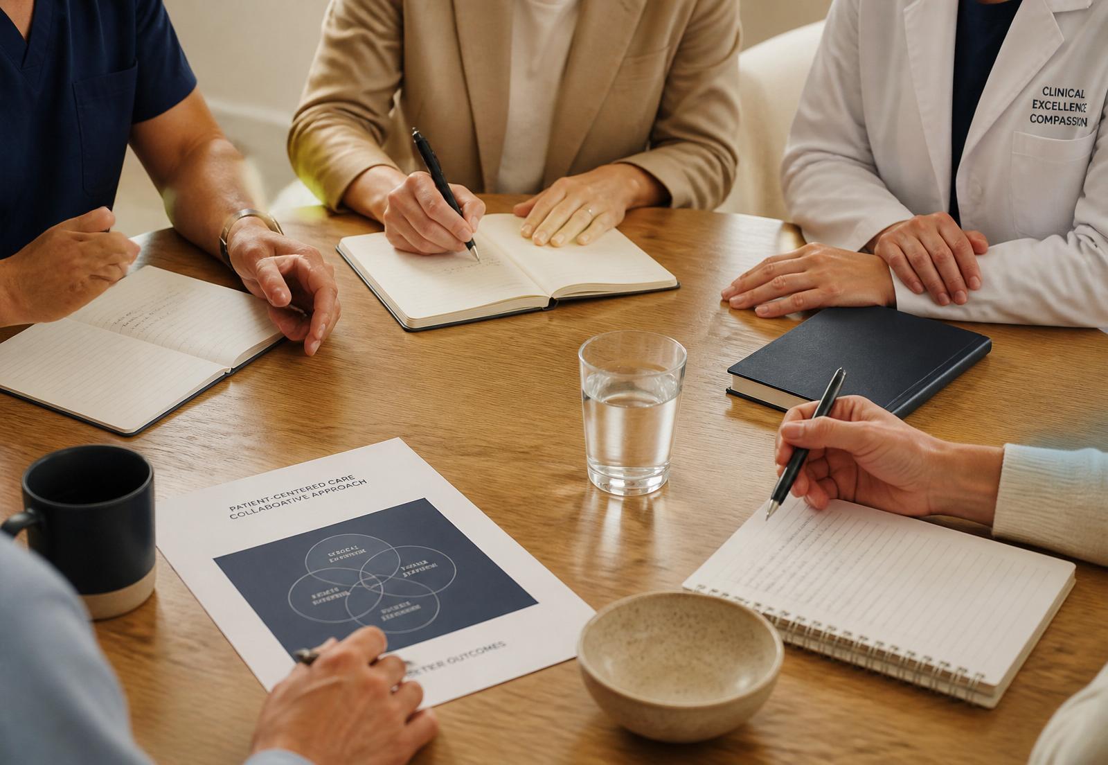 A multidisciplinary team collaborating around a warm oak table