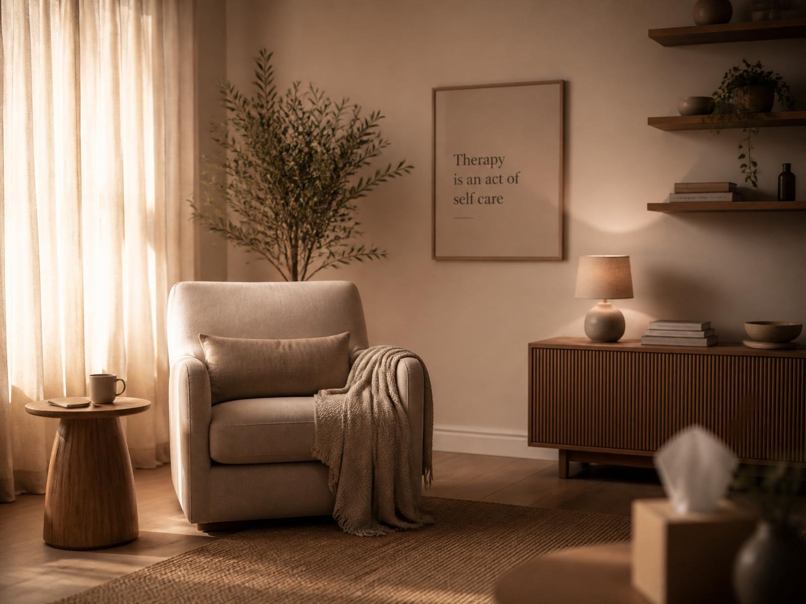 A calm, warmly lit therapy space
